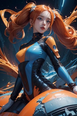 (masterpiece, top quality, best quality, official art, beautiful and aesthetic:1.2),orange, (1girl), extreme detailed, (abstract, fractal art:1.3), colorful hair, twin tails, highest detailed, detailed_eyes, light_particles, woman in a orange latex blue space suit, (dynamic angle:1.3), (blue eyes),japeruana