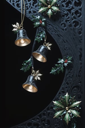 1ChristmasDecoration, patterned black velvet background, {bells | little gift boxes | tinsel | snowflakes}, plant and flower sinuous curves and forms , Art Nouveau dynamism and movement, asymmetry or whiplash lines, modern materials, cast iron and glass, atmospheric lighting, LED particles, style of Gustav Klimt and Alphonse Mucha.