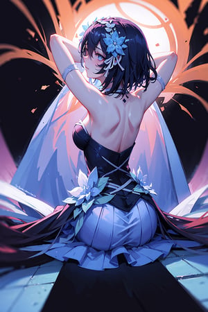 (highly detailed:1.3),1girl, solo,, horb, viewed_from_behind, Ultra-detail, (highres:1.1), best quality, (masterpiece:1.3), cinematic lighting,dark blue abstract background, sitting_down, arms_above_head, wearing blue dress,skirt