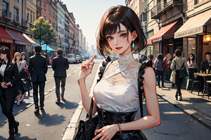 (masterpiece:1.2, best quality), 1lady, solo, upper body
Elegant and timeless dress with high-quality tailoring
makeup
Fashionable city street or an upscale restaurant
Classic handbag and jewelry
sleek bob