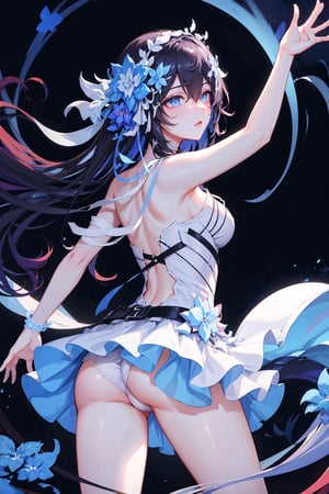 (highly detailed:1.3),1girl, solo,, horb, viewed_from_behind, wariza, Ultra-detail, (highres:1.1), best quality, (masterpiece:1.3), cinematic lighting,dark blue abstract background, white skirt, white panties,ass