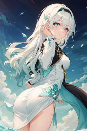 best quality, masterpiece, highres, ,firefly \(honkai: star rail\), 1girl, solo, long hair, smile, blue eyes, closed mouth, looking at viewer, outdoors, bangs, long sleeves, hair ornament, hairband, hair between eyes, cloudy sky, turquoise cape, blue sky, star \(sky\), night sky, white hair, full body, white shirt, flowing white skirt, revealing thighs,viewed_from_behind , standing