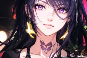 (extremely detailed CG, best quality:1.1), 1girl, perfect face, bright pupils, (finely detailed beautiful eyes:1.1), shiny skin, lustrous skin, wide hips, narrow waist, hair over one eye, bangs, gloves, black shorts, earrings, boots, cleavage, single thighhigh boot, asymmetrical footwear, jacket, asymmetrical sleeve, hair ornament, expressionless, city, science fiction, neon lights, starry sky, ,hair over one eye, upclose, near to face, portrait,