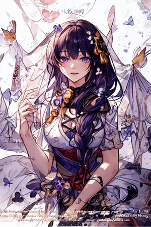 (extremely detailed CG, best quality:1.1), 1girl, perfect face, bright pupils, (finely detailed beautiful eyes:1.1),  wide hips, narrow waist, ,, upper body, portrait, ,raidenshogundef,   purple and white theme background 