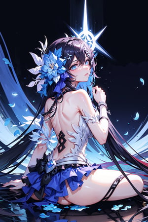 (highly detailed:1.3),1girl, solo,, horb, viewed_from_behind, Ultra-detail, (highres:1.1), best quality, (masterpiece:1.3), cinematic lighting,dark blue abstract background, sitting_down, wearing blue dress,skirt