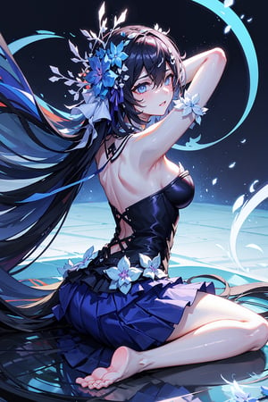 (highly detailed:1.3),1girl, solo,, horb, viewed_from_behind, Ultra-detail, (highres:1.1), best quality, (masterpiece:1.3), cinematic lighting,dark blue abstract background, sitting_down, arms_above_head, wearing blue dress,skirt