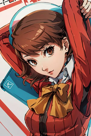 ((masterpiece, best quality)) Persona3Yukari, 1girl, solo, short hair, brown hair, brown eyes, upper_body,Persona3Yukari, white choker,viewed from side, arms_above_head 