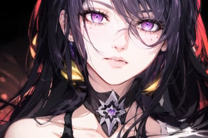 (extremely detailed CG, best quality:1.1), 1girl, perfect face, bright pupils, (finely detailed beautiful eyes:1.1), shiny skin, lustrous skin, wide hips, narrow waist, hair over one eye, bangs, gloves, black shorts, earrings, boots, cleavage, single thighhigh boot, asymmetrical footwear, jacket, asymmetrical sleeve, hair ornament, expressionless, city, science fiction, neon lights, starry sky, ,hair over one eye, upclose, near to face, portrait,