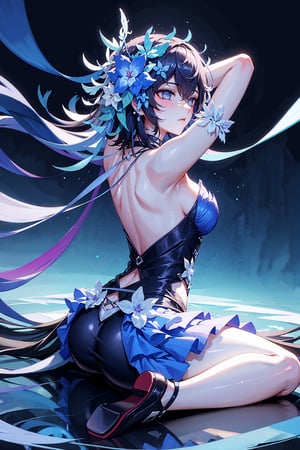 (highly detailed:1.3),1girl, solo,, horb, viewed_from_behind, wariza, Ultra-detail, (highres:1.1), best quality, (masterpiece:1.3), cinematic lighting,dark blue abstract background, sitting_down, arms_above_head, wearing blue dress