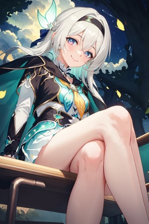 best quality, masterpiece, highres, ,firefly \(honkai: star rail\), 1girl, solo, long hair, smile, blue eyes, closed mouth, looking at viewer, outdoors, bangs, long sleeves, hair ornament, hairband, hair between eyes, cloudy sky, turquoise cape, blue sky, star \(sky\), night sky, white hair, full body, white shirt, flowing white skirt, revealing thighs,low angle shot , sitting, legs crossed, 