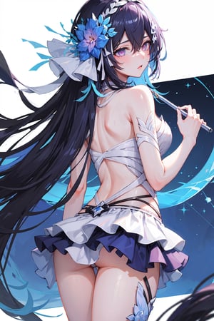 (highly detailed:1.3),1girl, solo,, horb, viewed_from_behind, wariza, Ultra-detail, (highres:1.1), best quality, (masterpiece:1.3), cinematic lighting,dark blue abstract background, white skirt, white panties,ass