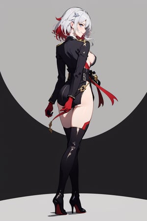 (masterpiece:1.3),(highres:1.1),best quality,1girl,solo,office,jelotopaz,hair ornament,black jacket,collared shirt,cleavage,detached sleeves,black elbow gloves,belt,black knee boots,smile, black background, from behind