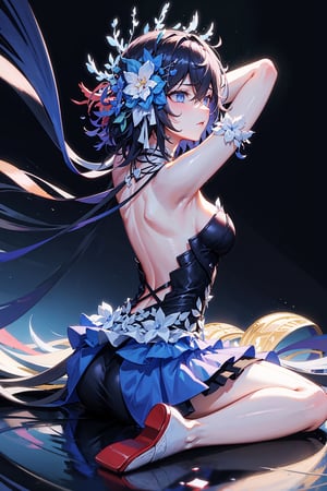 (highly detailed:1.3),1girl, solo,, horb, viewed_from_behind, Ultra-detail, (highres:1.1), best quality, (masterpiece:1.3), cinematic lighting,dark blue abstract background, sitting_down, arms_above_head, wearing blue dress,skirt