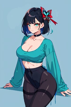 (masterpiece, best quality), 1lady, solo, (upper body),
Elegant and casual turquoise tshirt with simple designs
makeup,(blue theme)
,dark solid color background,
sleek bob,black_hair,red arm_bracelet,sexy,visible v line ,visible waist,wearing pantyhose,cleavage,leaning_forward,pixel_art