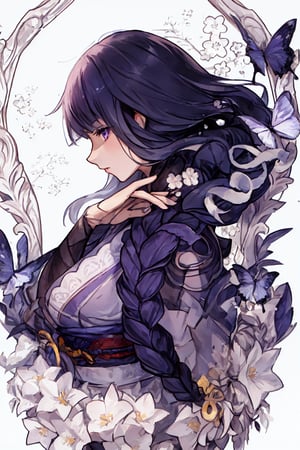 (extremely detailed CG, best quality:1.1), 1girl, perfect face,(finely detailed )upper body, portrait, ,raidenshogundef,   purple and white theme background , from side