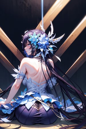 (highly detailed:1.3),1girl, solo,, horb, viewed_from_behind, Ultra-detail, (highres:1.1), best quality, (masterpiece:1.3), cinematic lighting,dark blue abstract background, sitting_down, wearing blue dress,skirt