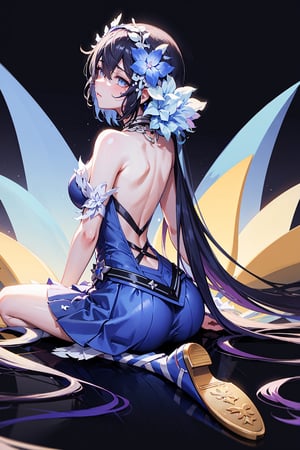 (highly detailed:1.3),1girl, solo,, horb, viewed_from_behind, Ultra-detail, (highres:1.1), best quality, (masterpiece:1.3), cinematic lighting,dark blue abstract background, sitting_down, arms_above_head, wearing blue dress,skirt