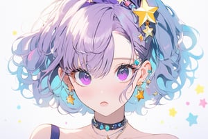 face focus, cute, masterpiece, best quality, 1girl, solo, jewelry, blonde hair, hair ornament, earrings, hairclip, looking at viewer, portrait, short hair, white background, parted lips, blush, bangs, simple background, signature, necklace, virtual youtuber, bare shoulders, collarbone, multicolored hair, aqua eyes, hair ribbon, open mouth, purple hair, star earrings