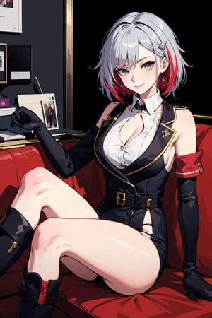 (masterpiece:1.3),(highly detailed:1.3),(highres:1.1),best quality,Ultra-detail,1girl,solo,office,jelotopaz,sitting,crossed legs,hair ornament,black jacket,collared shirt,cleavage,detached sleeves,black elbow gloves,belt,black knee boots,smile, black background