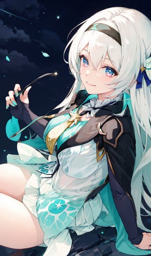 best quality, masterpiece, highres, ,firefly \(honkai: star rail\), 1girl, solo, long hair, smile, blue eyes, closed mouth, looking at viewer, outdoors, bangs, long sleeves, hair ornament, hairband, hair between eyes, cloudy sky, turquoise cape, blue sky, star \(sky\), night sky, white hair, full body, white shirt, flowing white skirt, revealing thighs, 