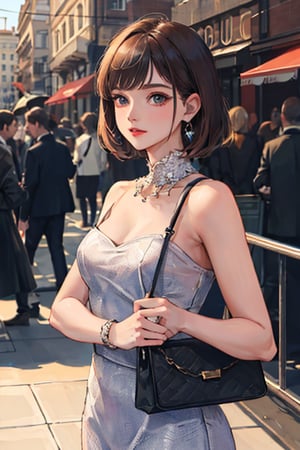 (masterpiece, best quality), 1lady, solo, upper body Elegant and timeless dress with high-quality tailoring makeup Fashionable city street or an upscale restaurant Classic handbag and jewelry sleek bob