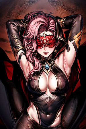 Babel, 1girl, solo, long hair, large breasts, bare shoulders, pink hair,  blindfold,desert sands,1 woman solo, busty figure, desert background, earrings hair_between_eyes jewelry blindfolded, night time, hood, high quality, best quality, 1girl, masterpiece, legs_open,pantyhose, high heels boots,GEM, detailed face, arms_above_head, showing_armpits,sexy, yellow blindfold, line art , flat colors , ornate, cleavage cutout, nsfw, tatto on chest