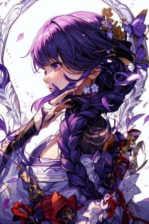 (extremely detailed CG, best quality:1.1), 1girl, perfect face,(finely detailed )upper body, portrait, ,raidenshogundef,   purple and white theme background , from side