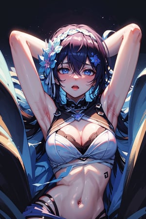 (highly detailed:1.3),1girl, solo,, horb, upper_body, wariza, Ultra-detail, (highres:1.1), best quality, (masterpiece:1.3), cinematic lighting,dark blue abstract background, white skirt, medium_breasts,wearing white , sexy, white shirt, shirt