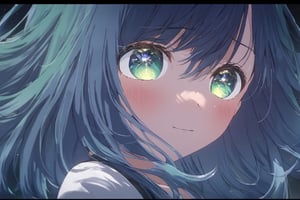 face focus, cute, masterpiece, best quality, 1girl, black background, highly detailed eyes, perfect lighting, looking at viewer,  light particle, solo, standing, pixiv, depth of field, cinematic compotision, looking up ,blue hair,1girl, solo, green eyes, blue hair, medium_hair, gradient hair,
