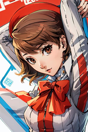 ((masterpiece, best quality)) Persona3Yukari, 1girl, solo, short hair, brown hair, brown eyes, upper_body,Persona3Yukari, white choker,viewed from side, arms_above_head 