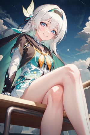 best quality, masterpiece, highres, ,firefly \(honkai: star rail\), 1girl, solo, long hair, smile, blue eyes, closed mouth, looking at viewer, outdoors, bangs, long sleeves, hair ornament, hairband, hair between eyes, cloudy sky, turquoise cape, blue sky, star \(sky\), night sky, white hair, full body, white shirt, flowing white skirt, revealing thighs,low angle shot , sitting, legs crossed, 