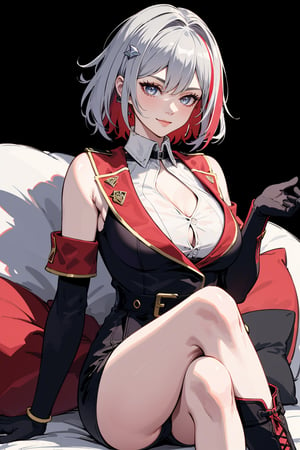 (masterpiece:1.3),(highly detailed:1.3),(highres:1.1),best quality,Ultra-detail,1girl,solo,office,jelotopaz,sitting,crossed legs,hair ornament,black jacket,collared shirt,cleavage,detached sleeves,black elbow gloves,belt,black knee boots,smile, black background