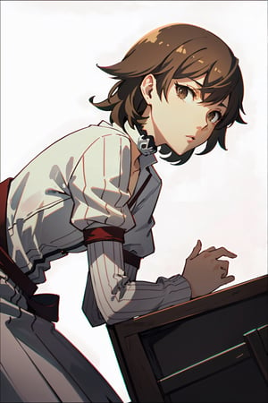 ((masterpiece, best quality)) Persona3Yukari, 1girl, solo, short hair, brown hair, brown eyes, leaning_forward, upper_body,Persona3Yukari, white choker, bending over , viewed from side