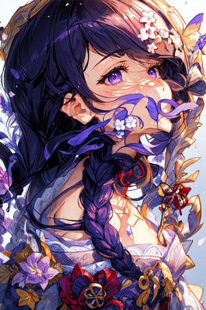 (extremely detailed CG, best quality:1.1), 1girl, perfect face,(finely detailed )upper body, portrait, ,raidenshogundef,   purple and white theme background , from side