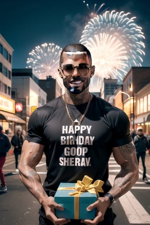  A stunningly masculine urban hip-hop street art rap god (mix of Shemar Moore | A$AP Rocky) explodes through a giant stack of birthday presents, Enthusiastic smile, hyperdetail eyes and face