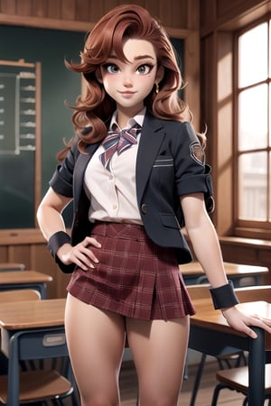  entire body , masterpiece , a topmodel long legs , beautiful face , red curled hair , black eyes , fraggels, great shape , school uniform, realistic , photoshot.,3DMM