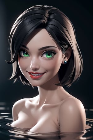 "highly detailed face, stunningly beautiful woman, other worldly green eyes, ruby red lips, smiling seductively, black hair, very pale skin, head emerging from calm dark water, chin raised above water",3DMM,inboxDollPlaySetQuiron style,MirabelST,monochrome