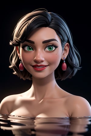 "highly detailed face, stunningly beautiful woman, other worldly green eyes, ruby red lips, smiling seductively, black hair, very pale skin, head emerging from calm dark water, chin raised above water",3DMM,inboxDollPlaySetQuiron style,MirabelST
