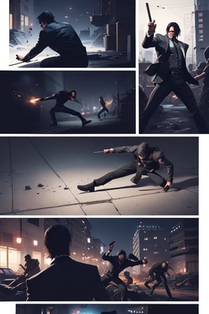  John Wick Inception movie comics storyboards page, movie scenes inside small rectangles, by Yoji Shinkawa, storybook illustration, John Wick fighting with a bunch of killers, stylized, hand drawing, colorful,  --style raw