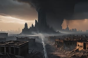 In a ravaged urban landscape, a smoldering apocalypse unfolds amidst crumbling buildings and their jagged silhouettes piercing the thickly veiled sky. A massive fissure tears through the Earth's crust, as once- thriving streets now lay desolate and eerily still. In the foreground, skeletal structures like bony fingers stretch towards a darkening horizon, beseeching redemption from an impending cataclysm.