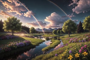 green grass field, clear rivers, heaven, glory, eternity, galaxy, sky, cloude, landscape, white, flowers, apple tree, sunset, rainbows, white sky, 

full body, zoomed in to center, 
extremely detailed with rich colors Photography, 
Depth of Field, F/2.8, high Contrast, 8K, Cinematic Lighting, 
ethereal light, intricate details, extremely detailed, incredible details, 
full body, complex details, Photography, Photoshoot, Shot on 70mm, Depth of Field,
 DOF, 5D, Multiverse, Super-Resolution, ProPhoto RGB, Lonely, Good, Massive, Big, Spotlight, 
Frontlight, Halfrear Lighting, Backlight, Rim Lights, Rim Lighting, Natural Lighting, Moody Lighting, 
Cinematic Lighting, volumetric Light, Volumetric Lighting, Volumetric, unreal 5, unreal 5.2,
octane render, RTX, dramatic lighting, Real Time X Ray Tracing, 8k, 4k,photorealistic,fantasy00d