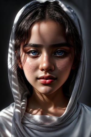 A stunning close-up portrait of a 17-year-old Muslim girl, wearing a crisp white jilbab. Her beautifully symmetrical face is the epitome of photorealistic detail, with piercing blue eyes that sparkle like sapphires in cinematic lighting. Her full lips curve into a radiant smile, framing her delicate features. Red cheeks add a touch of innocence to this breathtaking visage, as if bathed in soft white light. The most beautiful face in the world, and arguably, the most beautiful girl too.