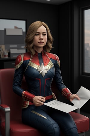 captain marvel is carrying a bag and envelope 
wants to apply for a job, sitting in the chair at  company building, highly detailed, digital painting, sharp focus, cinematic lighting, illustration, cgsociety, octane render, unreal engine 5, ultra sharp.