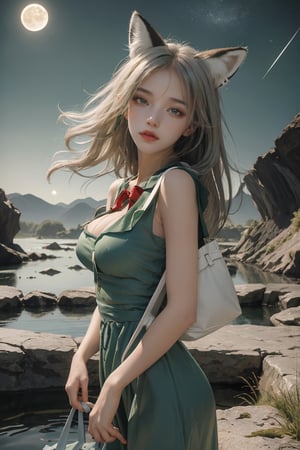 The (girl with fox ears) in a ((green dress) with (red ribbons)), she carries a ((bag)) in her arms, big breast, her (long white hair) flowing in the wind, stiing on transluscent (blue rocks), the (small fox) is sleeping, silvery water pond, under the starry sunrise sky, green mountains far away, big moon, (crescent moon) , beautiful, lavish, ephemeral, dull body portrait, fantasy, ultrarealism, , ultra-detail, (highres:1.1), best quality, (masterpiece:1.3), beautiful, hires, absurdres
,ruanyi0305