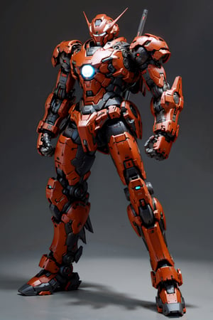 Mech solo, ironman colorway, standing, full body, grey background, no humans, robots in background, mecha, clenched hands, science fiction, looking ahead hero stance, nighttime scene full_moon, 