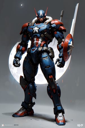 Mech solo, captain america colorway, standing, full body, grey background, no humans, robots in background, mecha, clenched hands, science fiction, looking ahead hero stance, nighttime scene full_moon, 