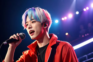 Jimin, white neon hair, BTS member, Korean man, he is singing at a concert, while holding a microphone in his hand, very realistic, cinematic light, film composition, very detailed, cinematic effect, concert music background with the audience, happy atmosphere, bright, photorealistic,Asian man