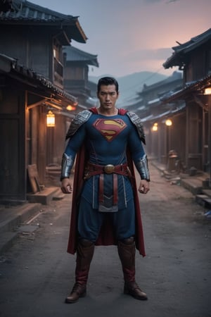 Potrait, a superman transform to samurai,kabuto, set in Ghost town, evening, epicdetailed, ultrasharp, style,flash shot, horor scfi, bokeh ,FLASH PHOTOGRAPHY,