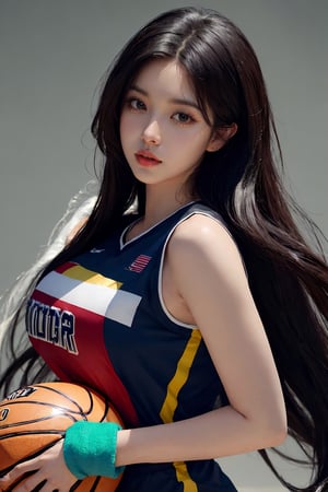 masterpiece, best quality, highly detailed, long hair, photorealistic, breasts, black basketball outfit