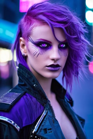 Masterpiece,  unreal resolution,  neo Tokyo, cyber,  punk,girl, 1girl,on street, tough, with beauty, a sparkle in her purple eyes.